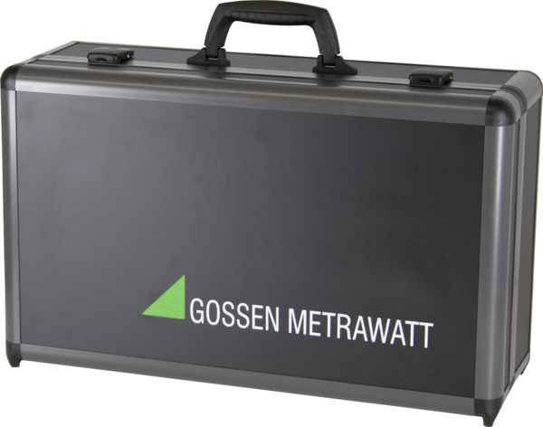 Black suitcase with green triangle and white lettering 'Gossen Metrawatt', designed for measuring instruments or technical accessories.