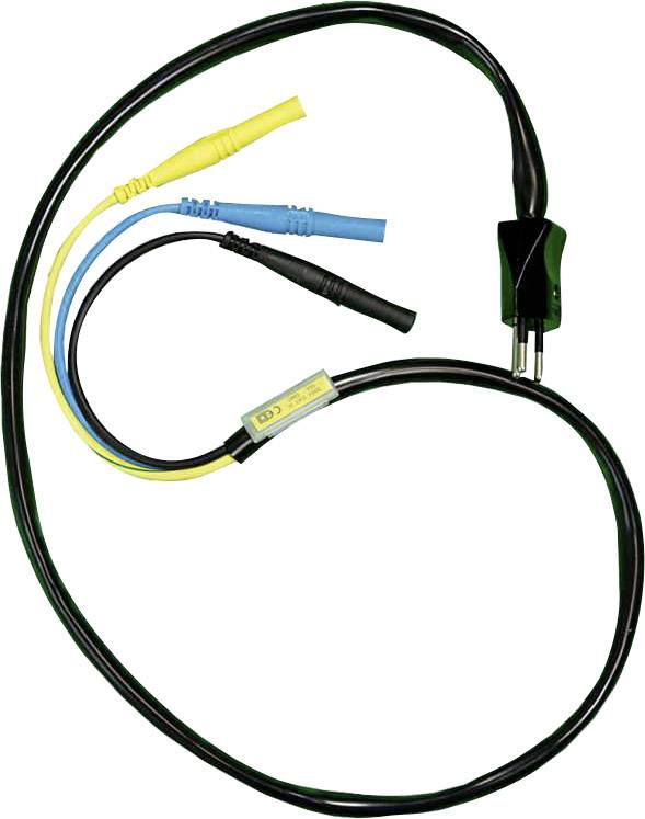 A three-core cable with a black mains plug at one end, which splits into yellow, blue, and black wires.