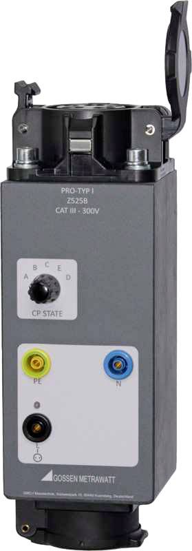 An electrical measuring device with connections for phase testing, a rotary dial for adjustment, and an indicator light.