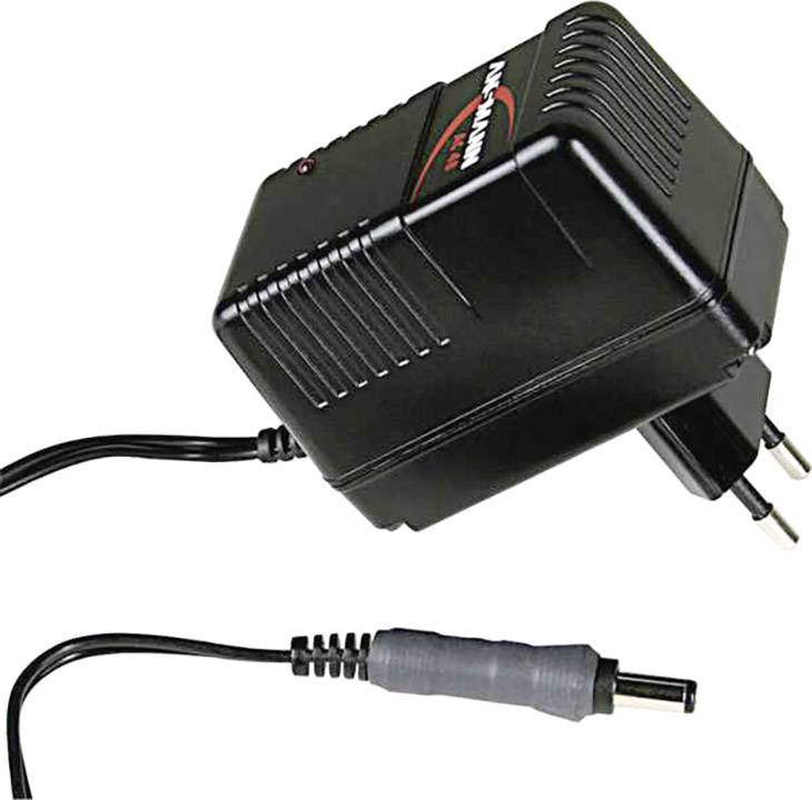 Black power adapter with two plug pins and a cable with a connection plug.