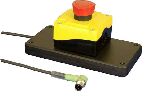 Yellow emergency stop switch with red button, mounted on a black plate, with connected cable and green plug.