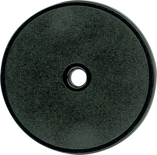 A black, round weight plate with a hole in the centre.