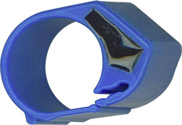 Blue plastic tape dispenser with an ergonomic handle and serrated edge for cutting tape.