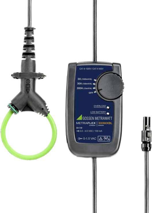 Measuring device with display for electrical measurements. On the left, a green flexible clamp. Display shows measurement ranges.