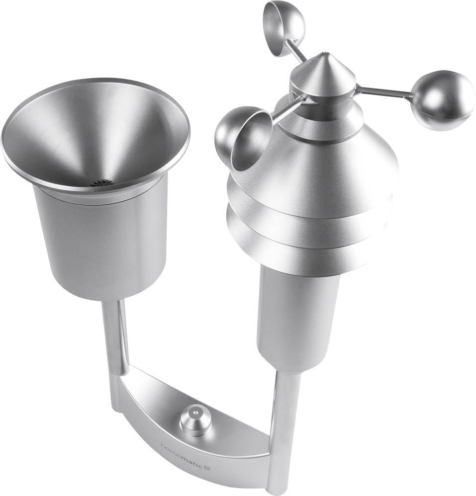 Compact metal weather station with rain gauge and anemometer for measuring wind speed.