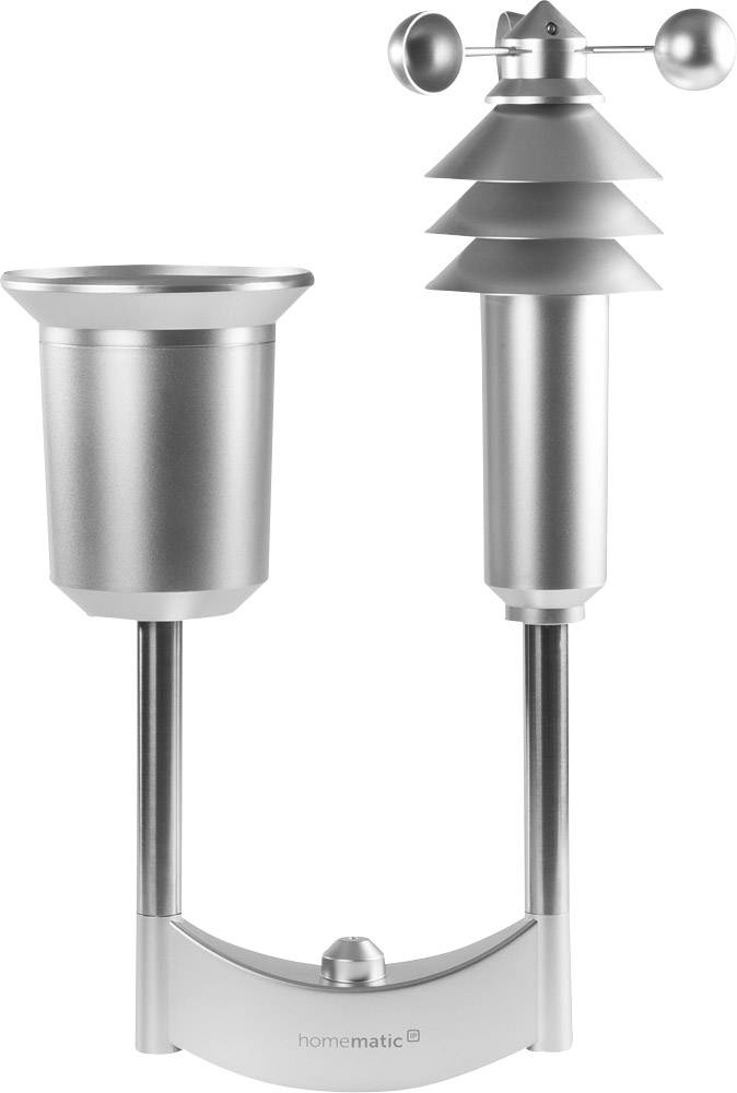 Silver weather station with rain gauge and anemometer for measuring wind speed and rainfall.