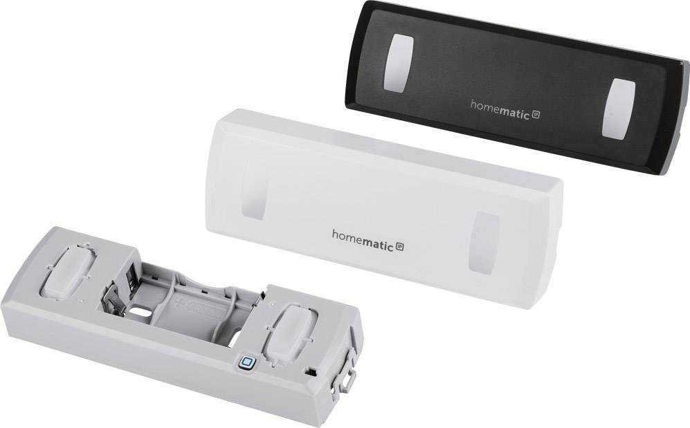 Three Homematic wireless door/window contacts, two closed in black and white, one open revealing its internal components.