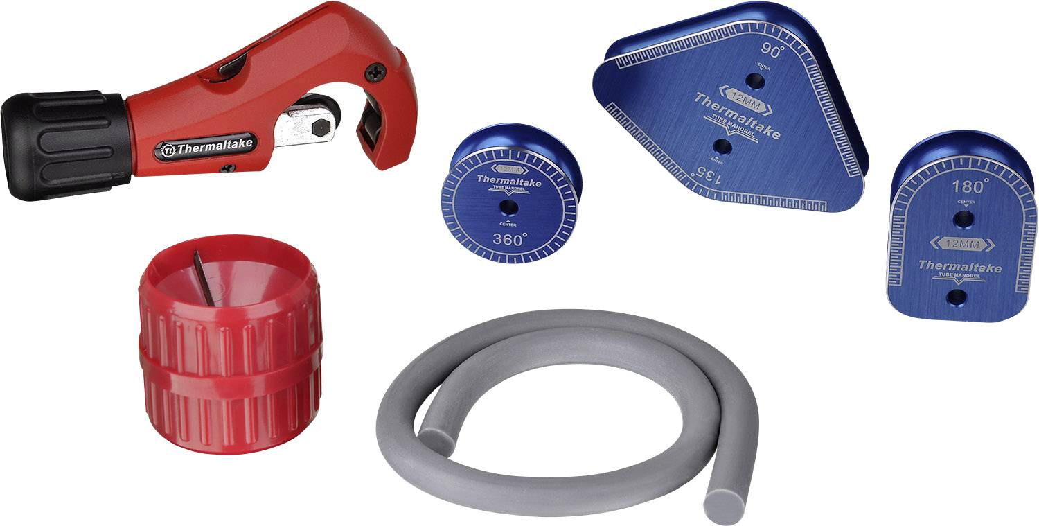 A pipe cutter with accessories: three blue cutting attachments at different angles, red cutting wheel, and grey hose.
