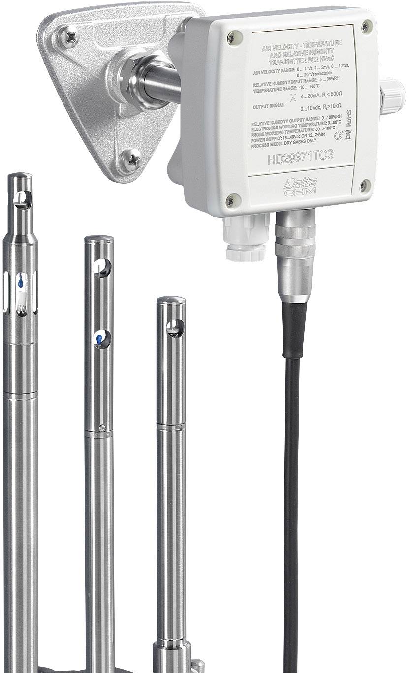 Industrial anemometer with three probes and a rectangular housing for measuring air velocity. A cable connects the device.