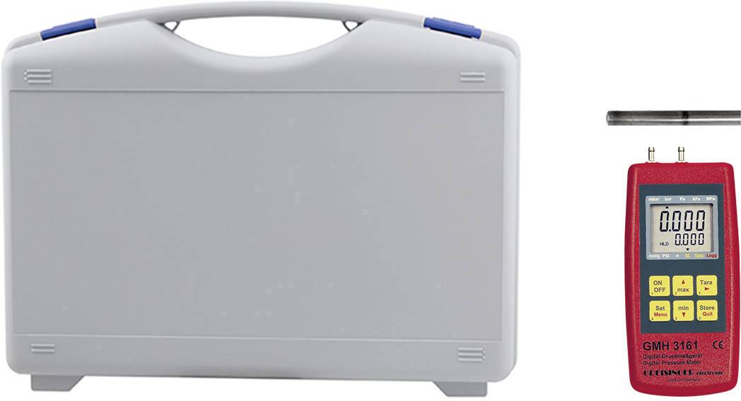 A grey suitcase on the left and a red digital measuring device called 'GMH 3161' with a probe on the right, displaying zero.