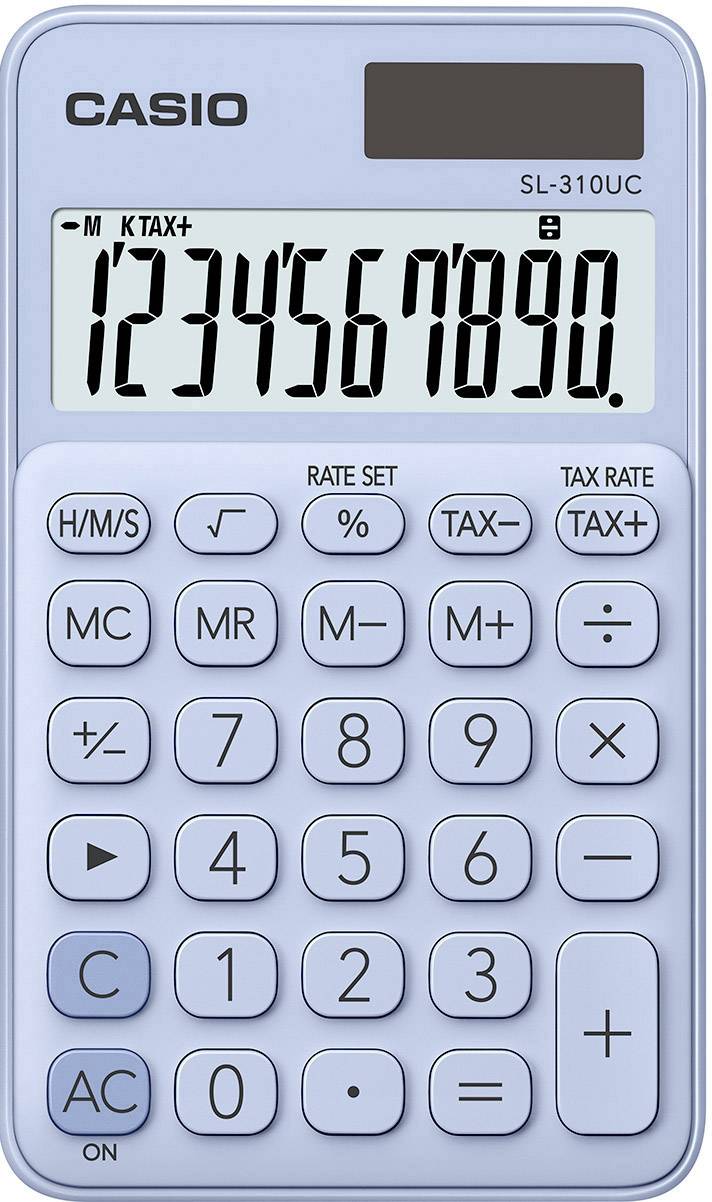 Blue Casio calculator with display and full keyboard. Numbers 1234567890 are shown on the display.