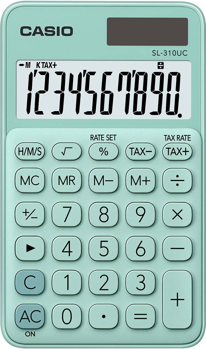 A turquoise Casio pocket calculator, model SL-310UC, with a digital display, shows the number sequence '1234567890'.