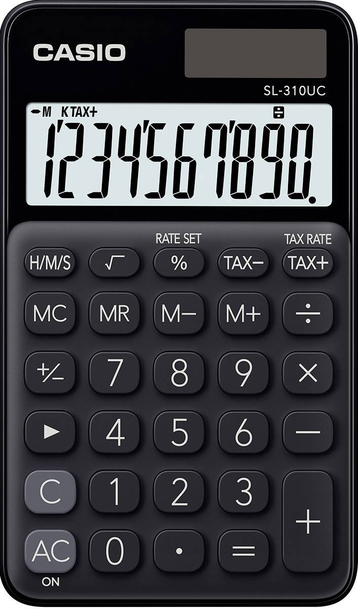 A black calculator with large buttons and a display showing the numbers '1234567890'. The brand 