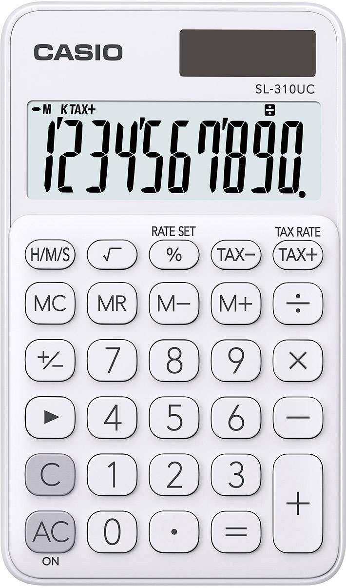 A white Casio pocket calculator with an LCD display shows the number sequence '1234567890'. Buttons for basic arithmetic operations and special functions.