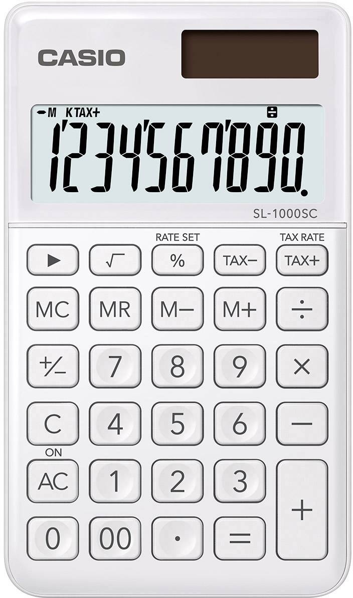 A white calculator with a solar cell displays the number sequence '1234567890' on its display. Simple buttons with standard functions.