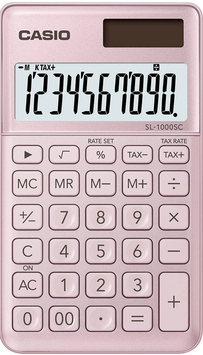 Rosa Casio Calculator, Model SL-1000SC. Displays numbers from 1 to 0 on the screen. Includes buttons for basic functions and tax rates.