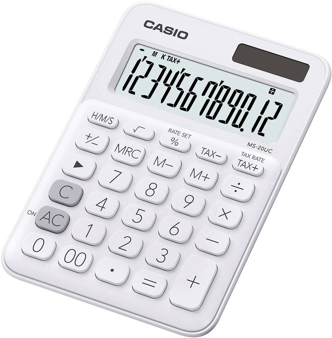 White pocket calculator with LCD display, showing the numbers '1234567890.12'. The buttons include basic calculation functions.