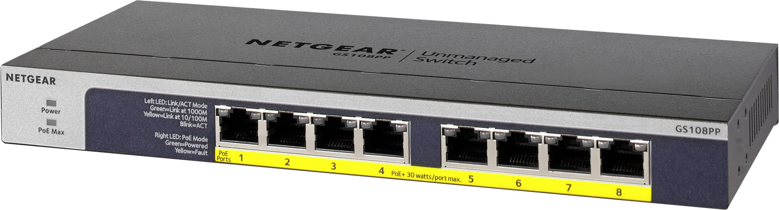 'Netgear GS108P' network switch with eight Ethernet ports and LED indicators on the front panel for power, port status, and PoE Max.