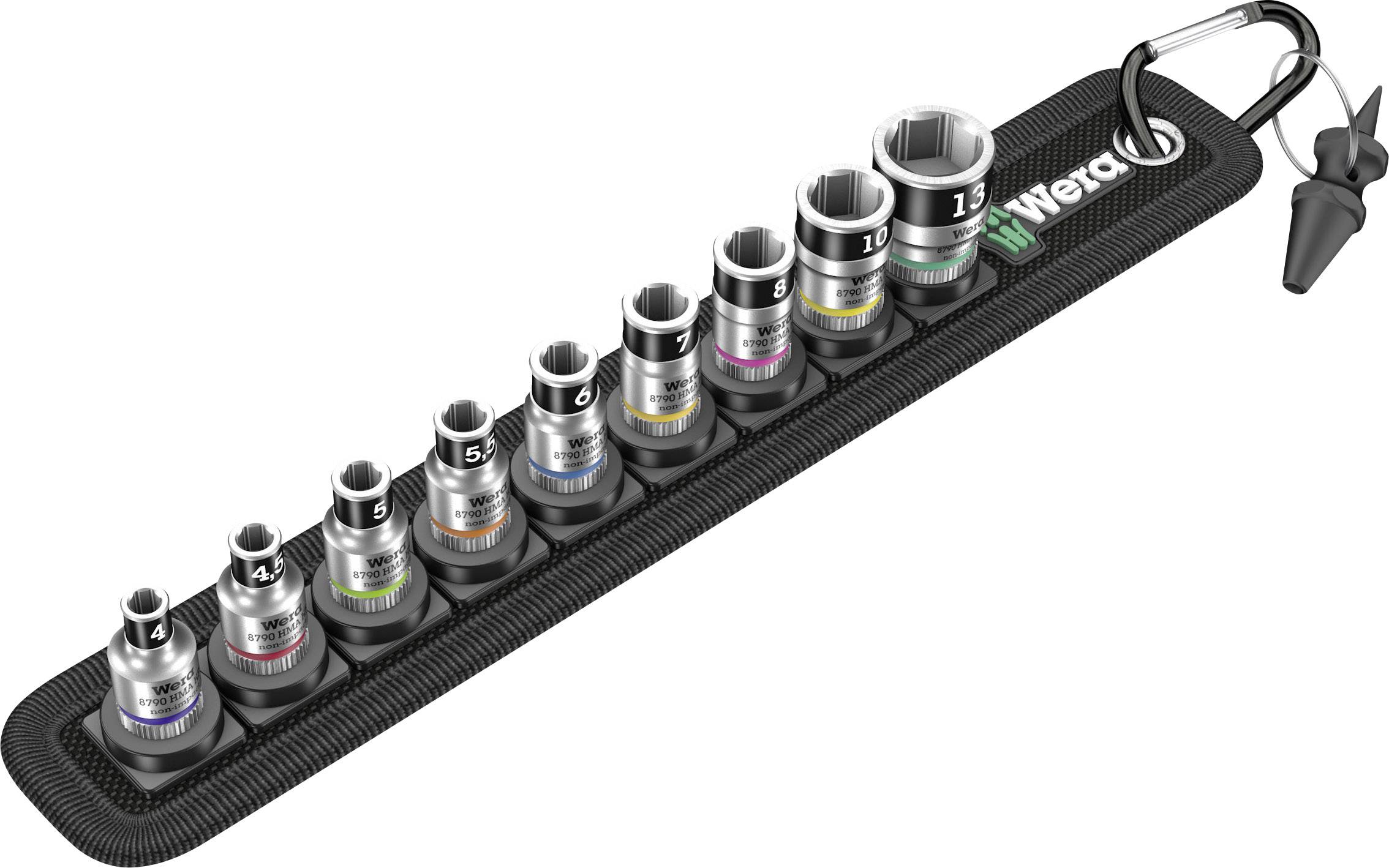 'Wera Zyklop Mini Screwdriver Set', contains 9 socket inserts with colour-coded rings, on a compact carrying rail.