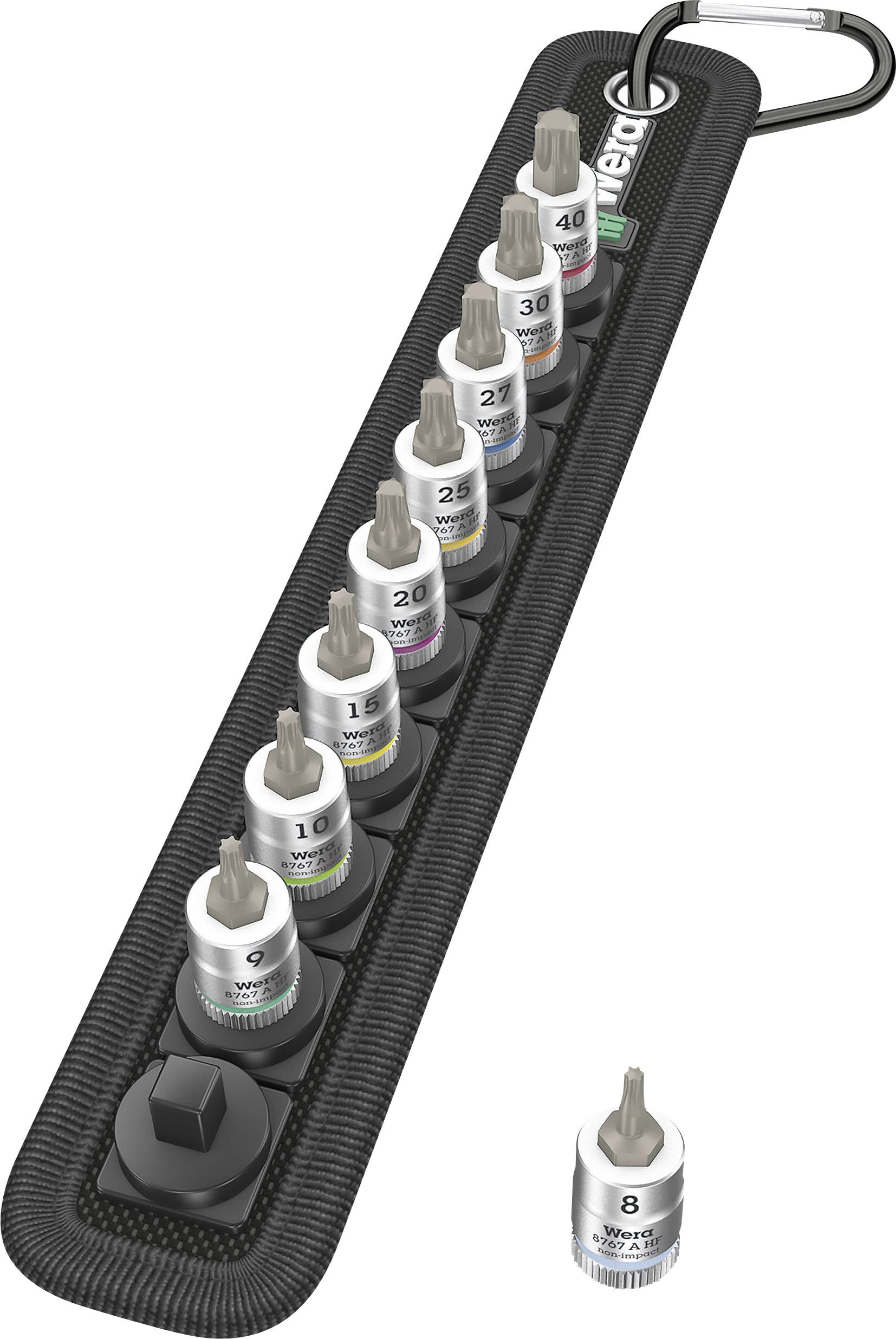 A set of eight screwdriver bits in a holder, numbered from 2 to 30, with different colours for different sizes.