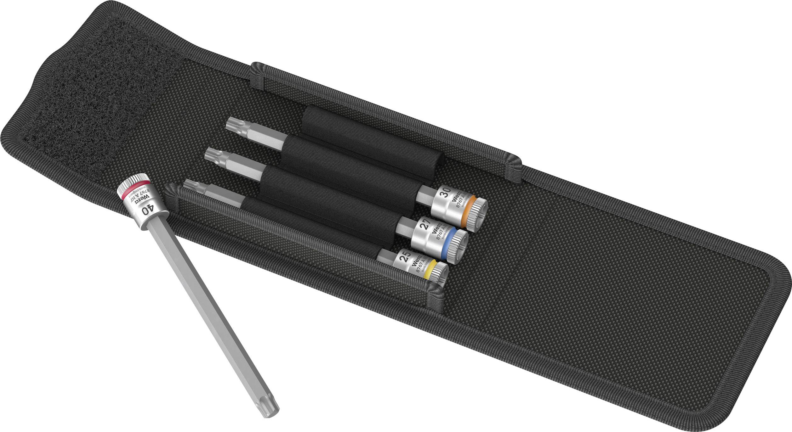 Pencil case with four different coloured pens, each with a marked tip, opened for viewing.