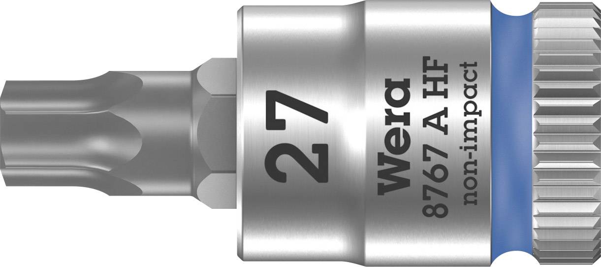 Bit socket with Torx profile, size 27, inscription 'Wera 8767 A HF non-impact', blue ring for identification, high-quality steel.