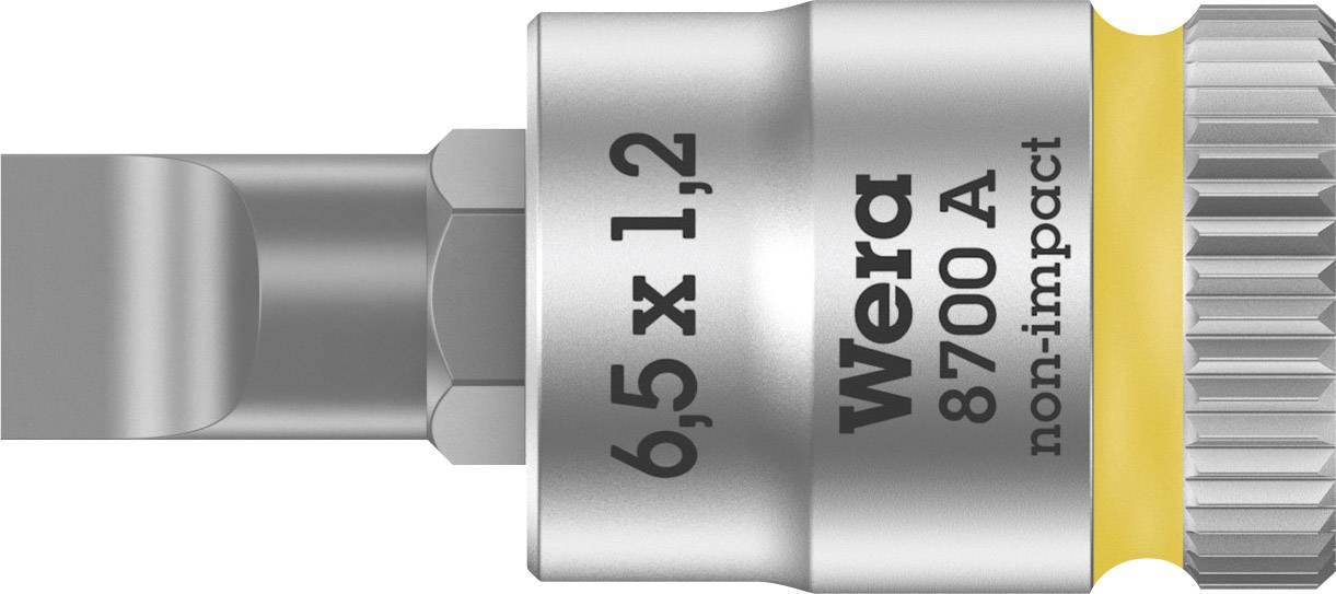 Screwdriver bit with inscription '6.5 x 1.2 Wera 8700 A non-impact'. Silver metal construction with yellow ring.