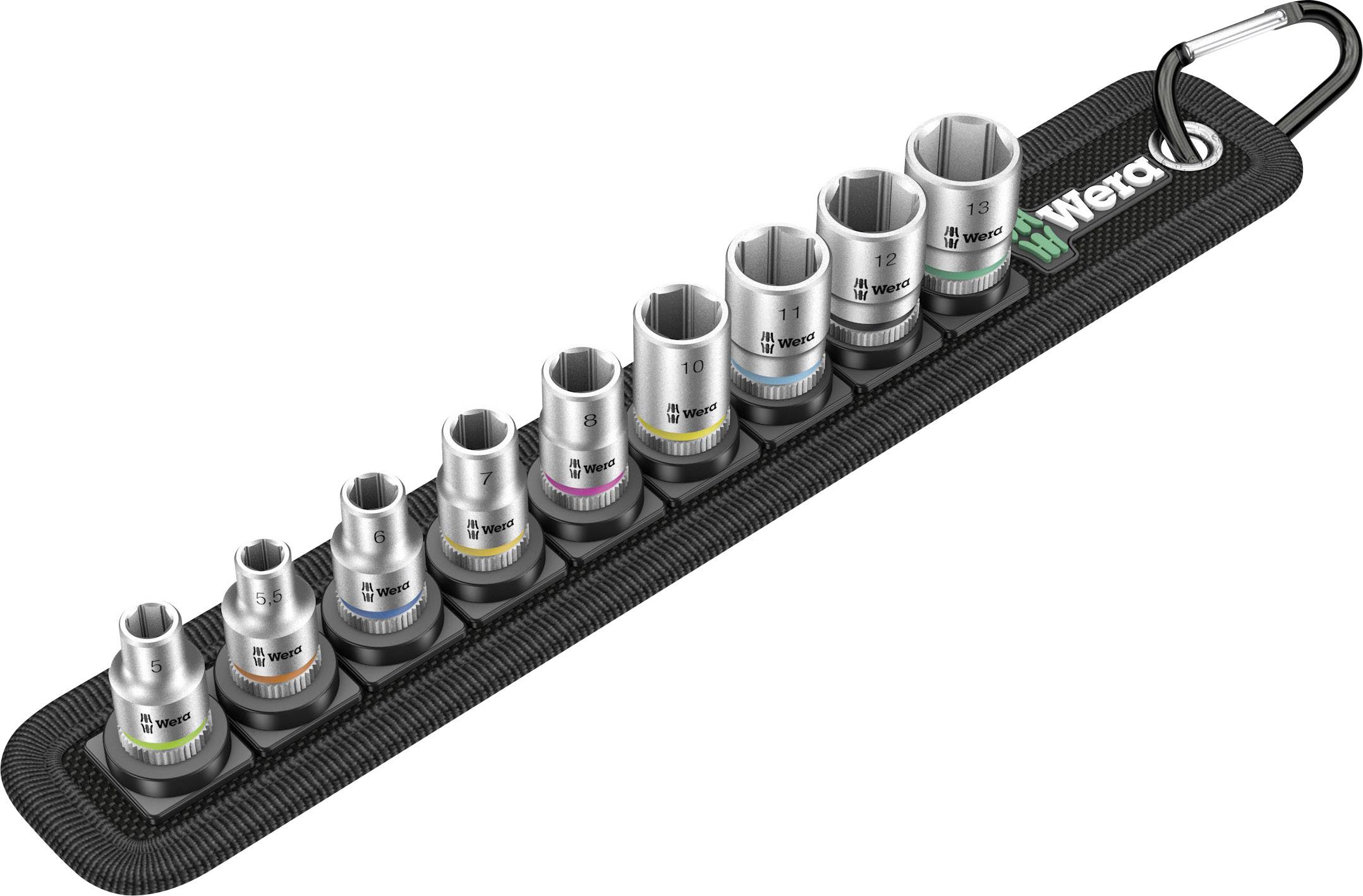 Wera Zyklop Mini Screwdriver Set with Metric Socket Inserts in Various Sizes, Arranged on a Holder.