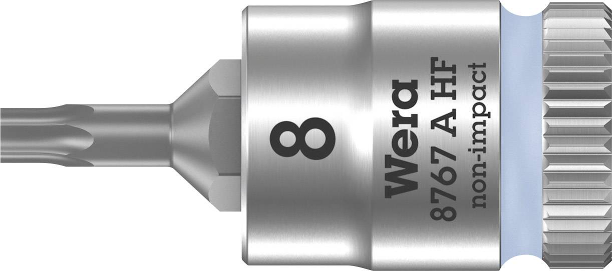 Close-up of a screwdriver bit with the Wera logo and labelling '8767 A HF non-impact'. In the background, a silver metallic handle.