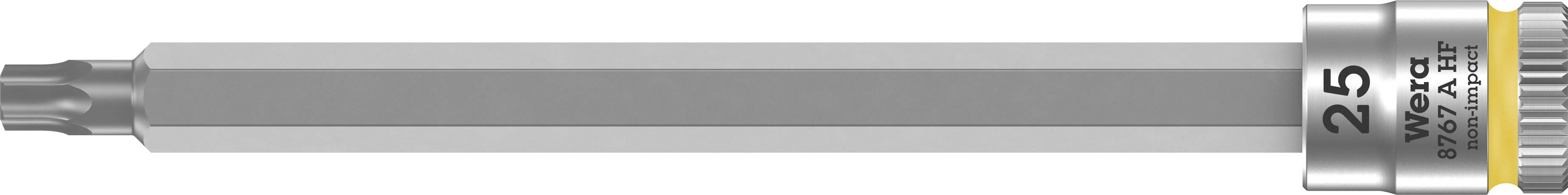 A silver screwdriver bit with a Torx TX25 head, manufactured from high-quality steel, on a white background.
