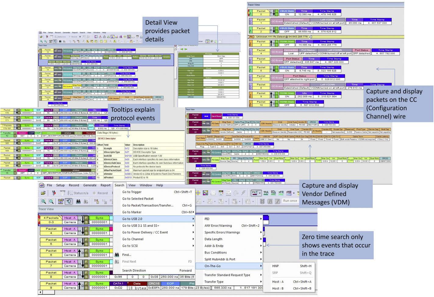 Screen view of a log analyser with highlighted features such as detailed view, tooltips, and targeted packet capture.
