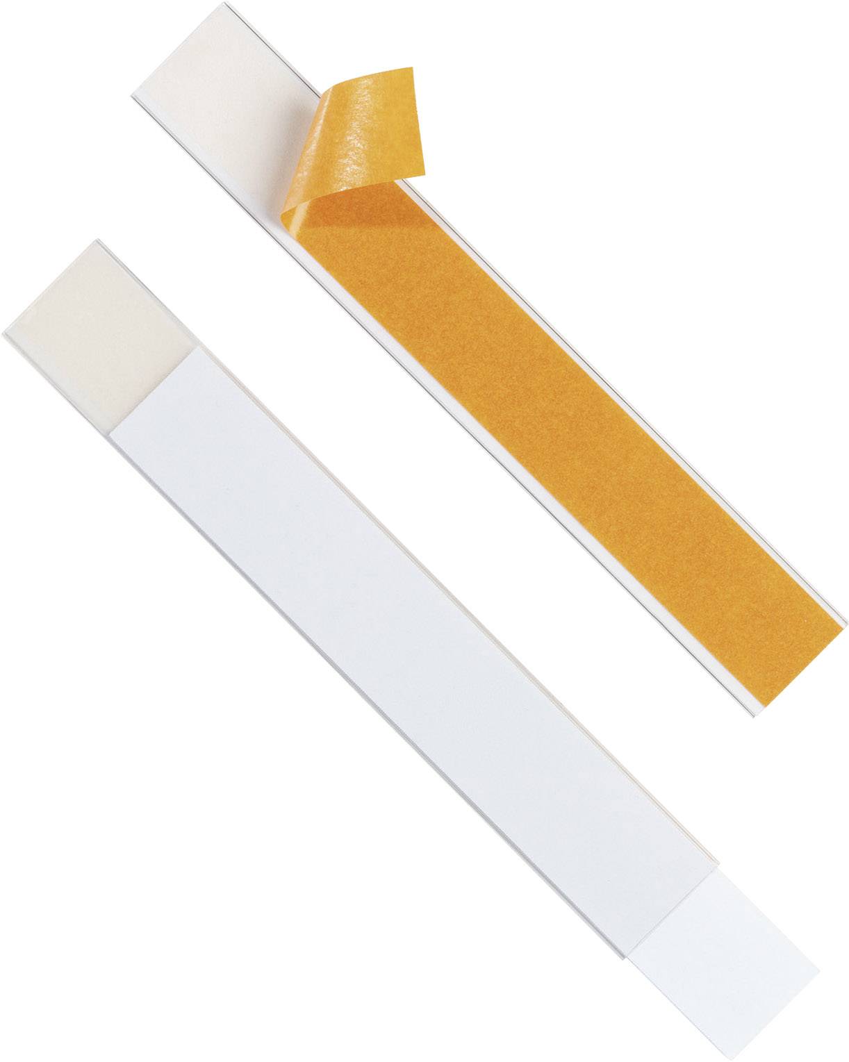 Two adhesive strips: Partially peeled off at the top with orange adhesive side visible; completely white at the bottom. They are arranged at an angle.