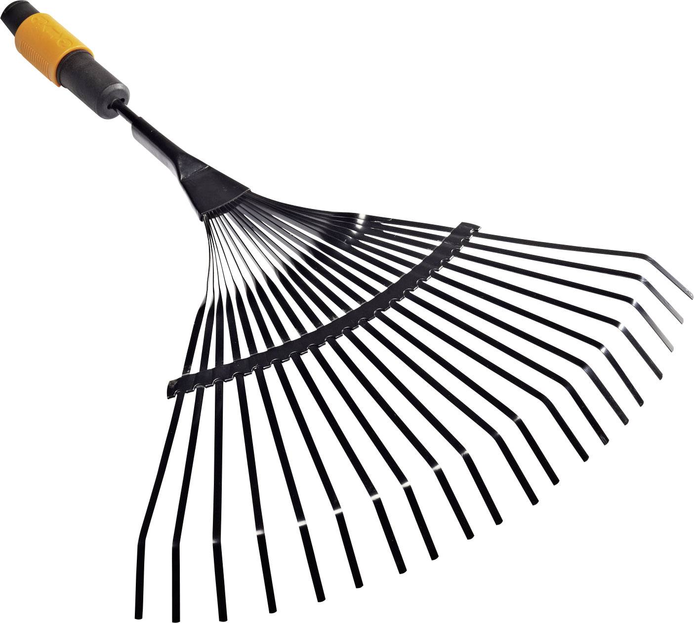 A black, folding metal leaf rake with an orange handle. Perfect for removing leaves in the garden.