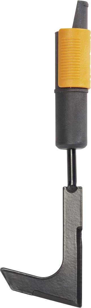 A black and orange painter's scraper with a narrow metal blade and an ergonomic handle at the top.