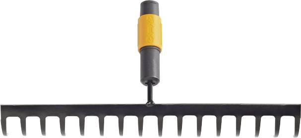 Garden rake with orange handle, black metal head and 12 tines, positioned horizontally. Suitable for garden maintenance.