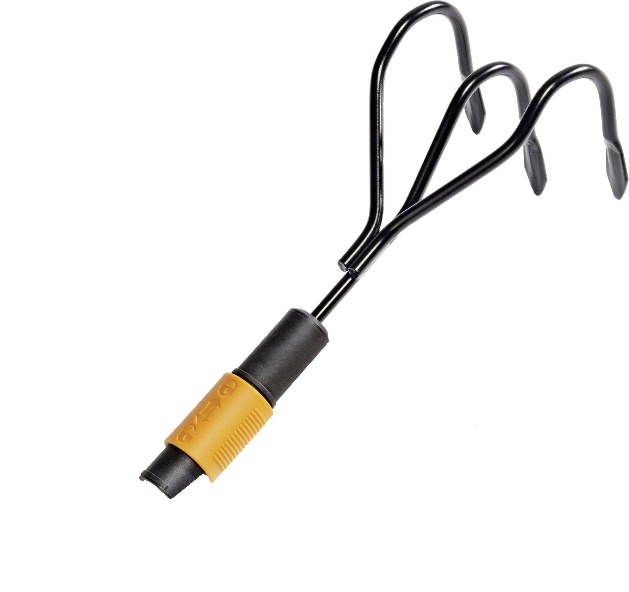 Garden tool with three prongs and an ergonomic handle, suitable for loosening soil in small beds or pots.