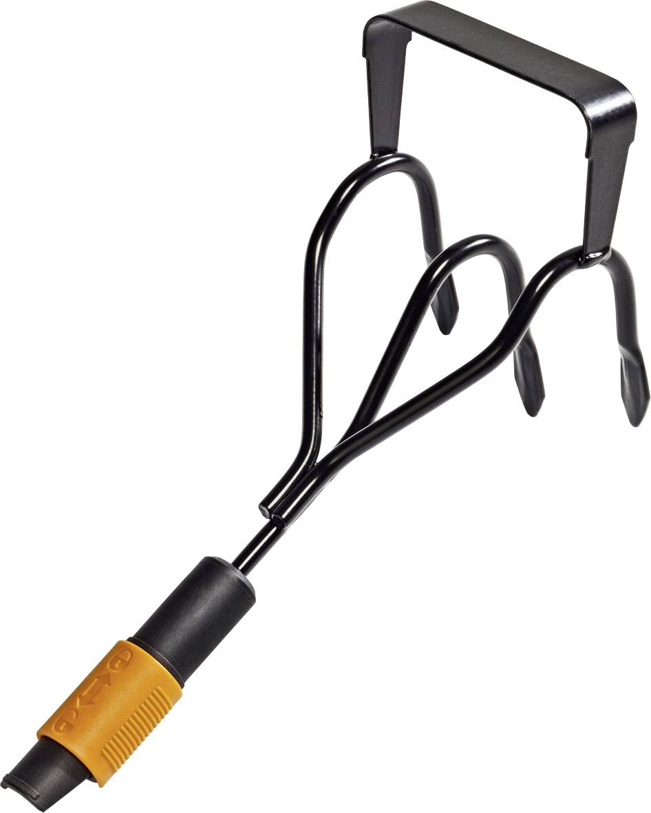 A black garden cultivator with three tines and an orange handle.