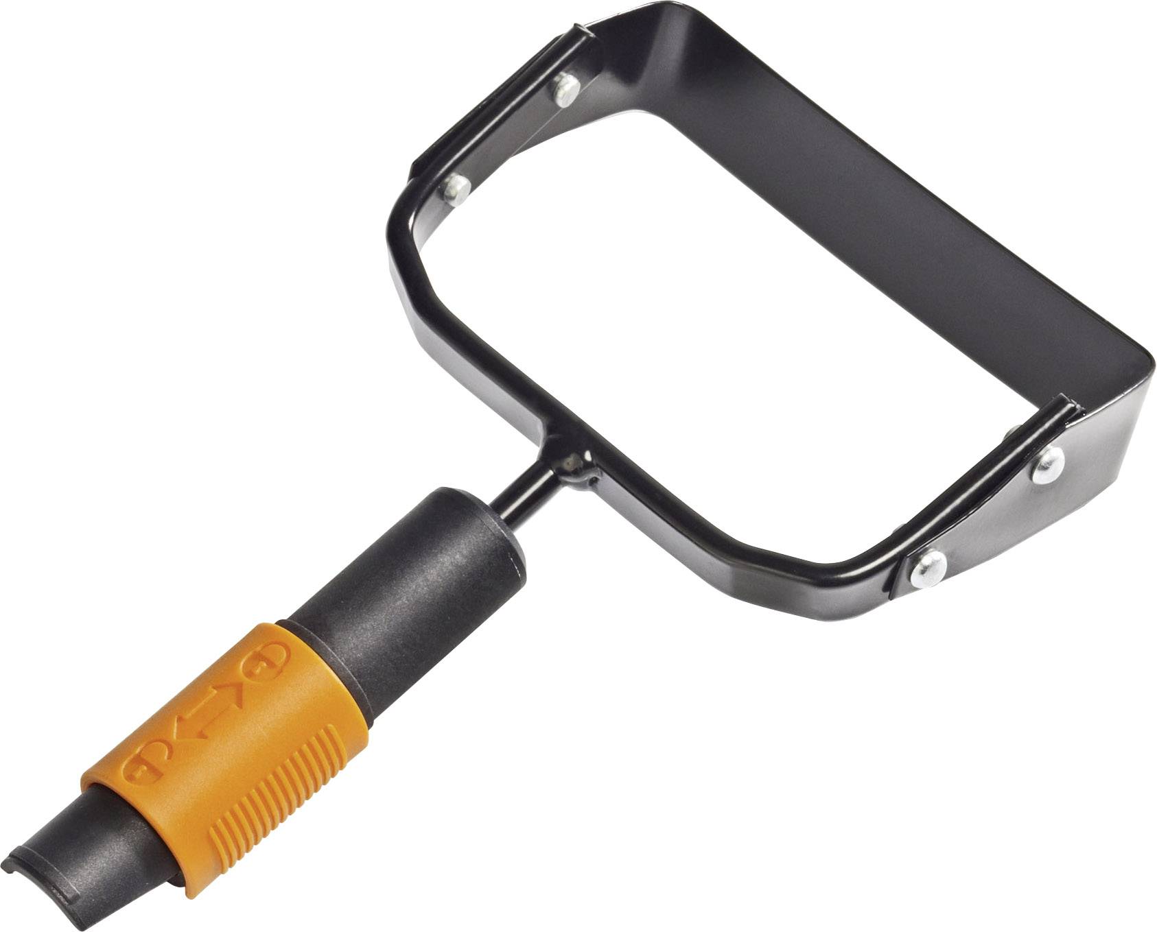 A rectangular weeding tool with an orange handle and a black metal blade.