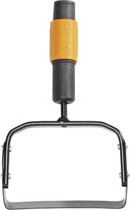 A kitchen utensil with an orange handle and a sharp, rectangular blade. Suitable for chopping or cutting food.