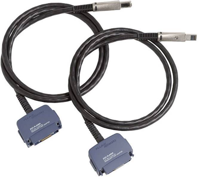Two black SFP+ cables with blue connectors lie parallel to each other. The cables are suitable for high-speed data connections.