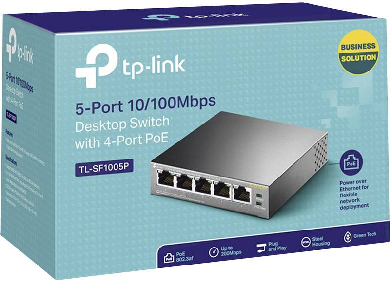 Packaging for a TP-Link Desktop Switch, 5-Port 10/100Mbps with 4-Port PoE, Model TL-SF1005P. Ideal for network deployments.
