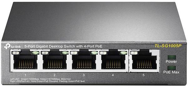 TP-Link 5-Port Gigabit Desktop Switch with 4 PoE Ports, Model TL-SG1005P. Displays five Ethernet ports and LED indicators for Power and PoE.
