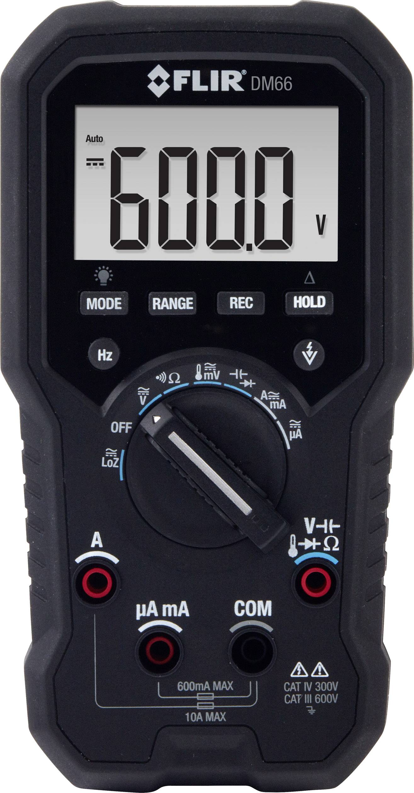 A digital multimeter with display shows '600.0 V'. It has several buttons and range selectors for voltage and current measurement.