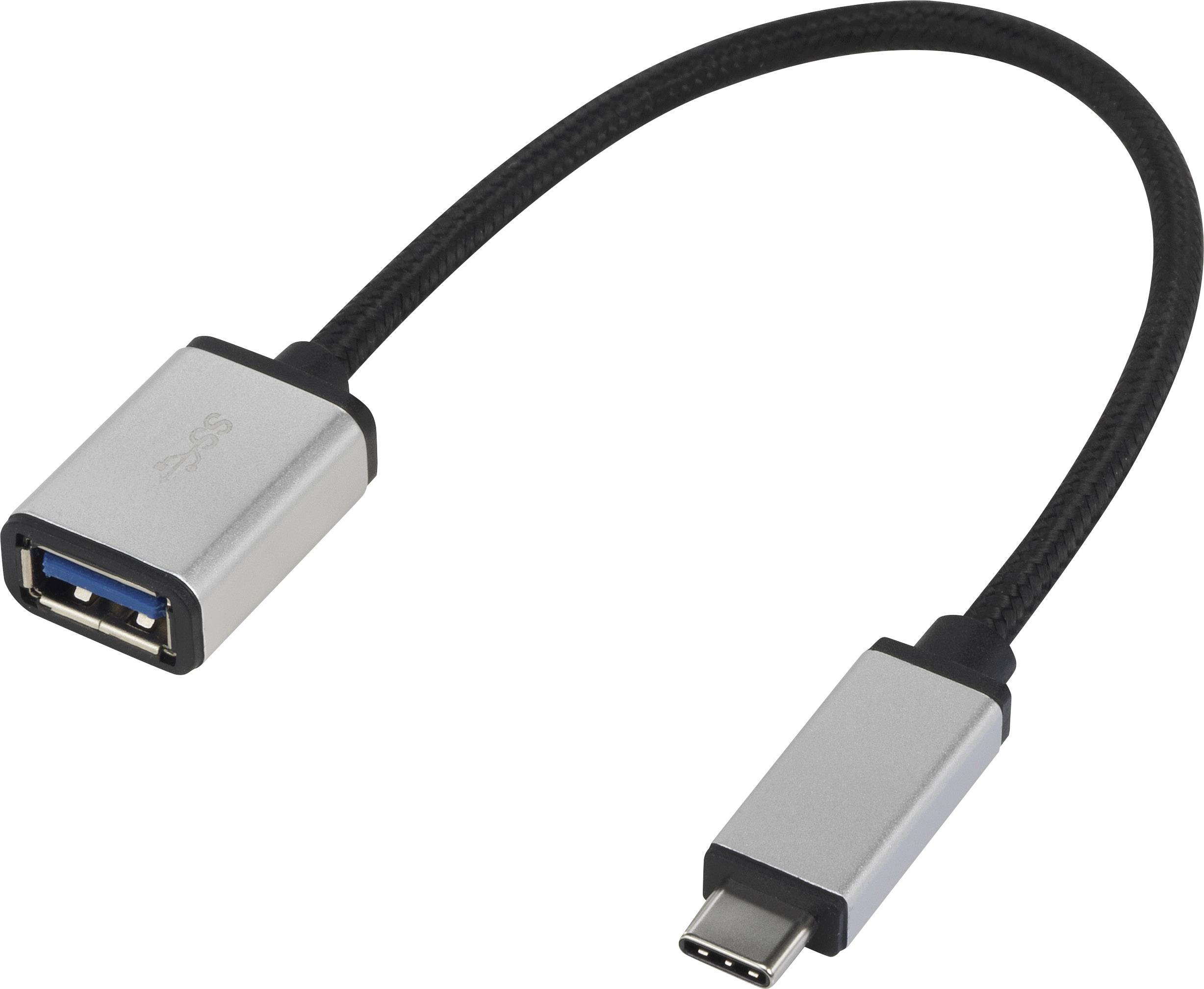 USB-A to USB-C adapter cable, black and silver, approximately 20 cm long, enables connections between USB-A and USB-C devices.