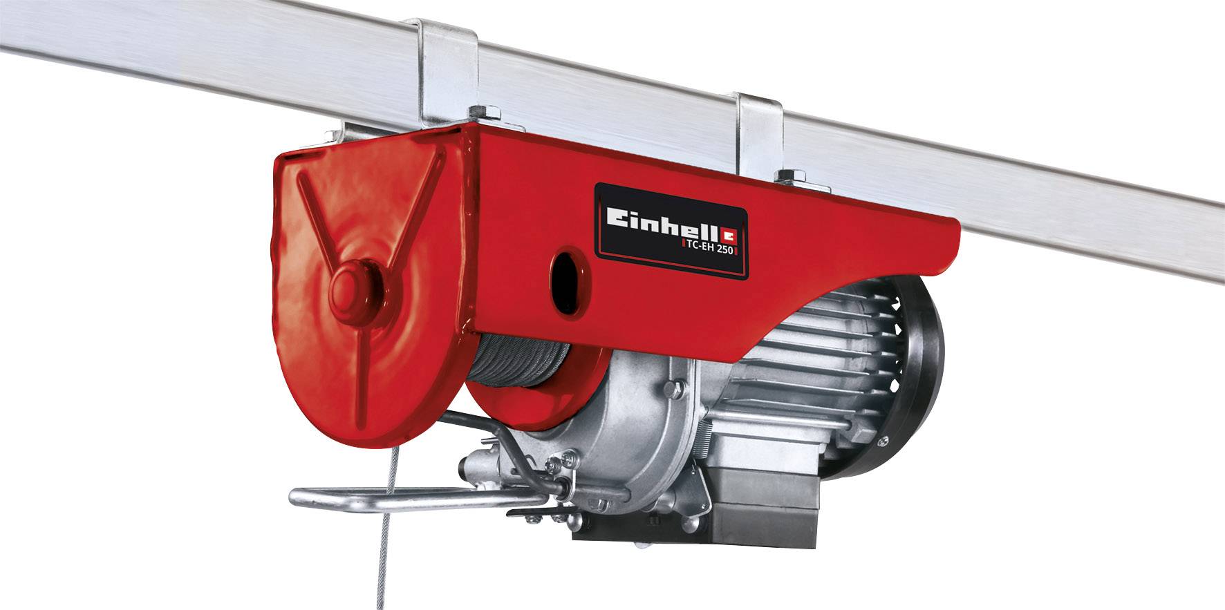 Electric winch in red with Einhell logo. It is mounted on a metal rail, ready to lift or pull loads.