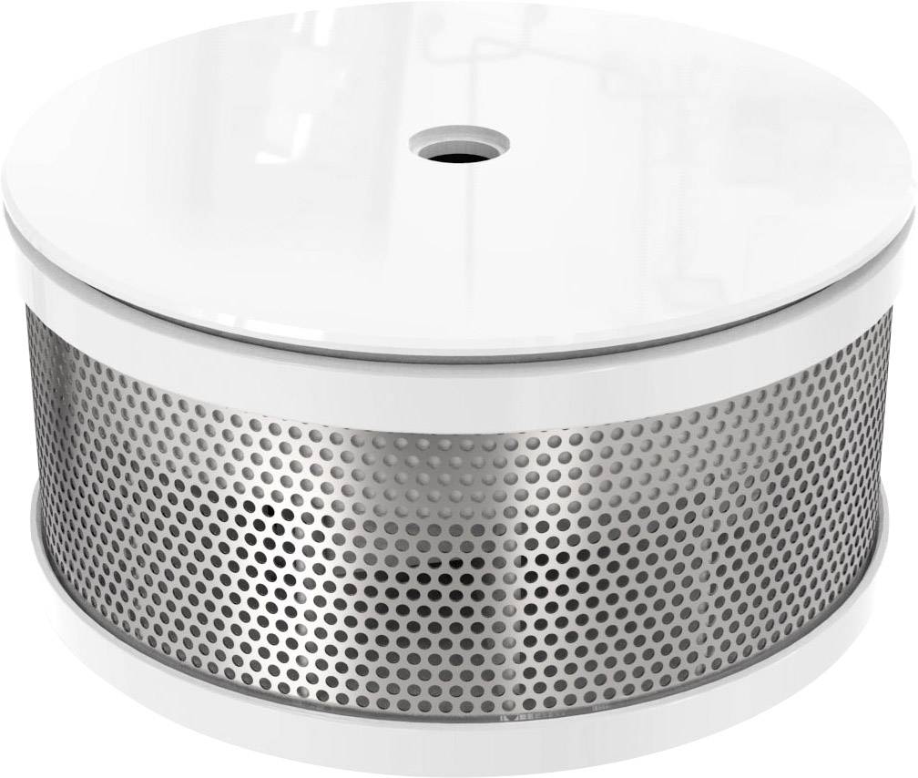 Round, white smoke detector with a silver, perforated casing.