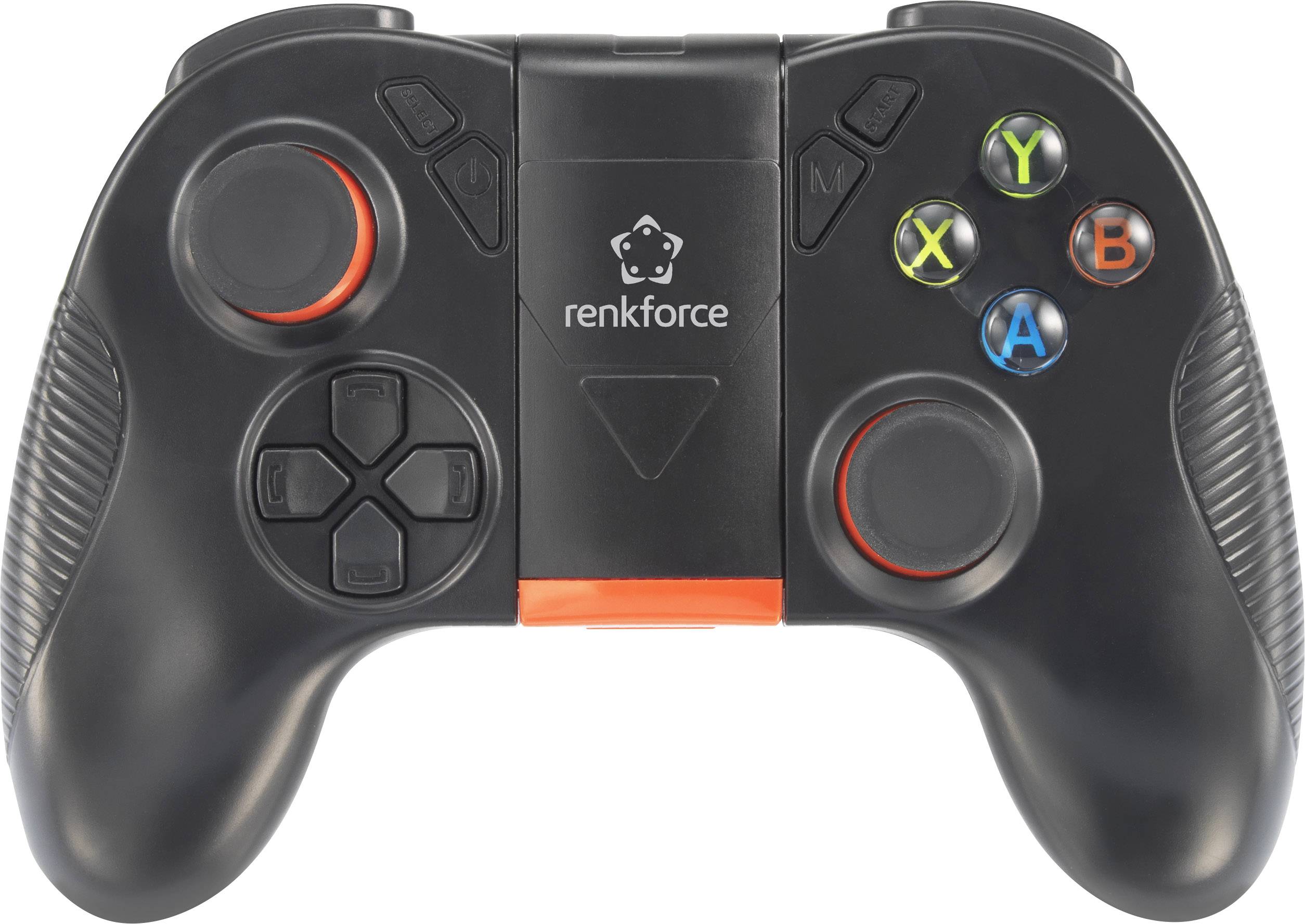Black game controller with red and green details, four action buttons (X, Y, A, B) and two control sticks.