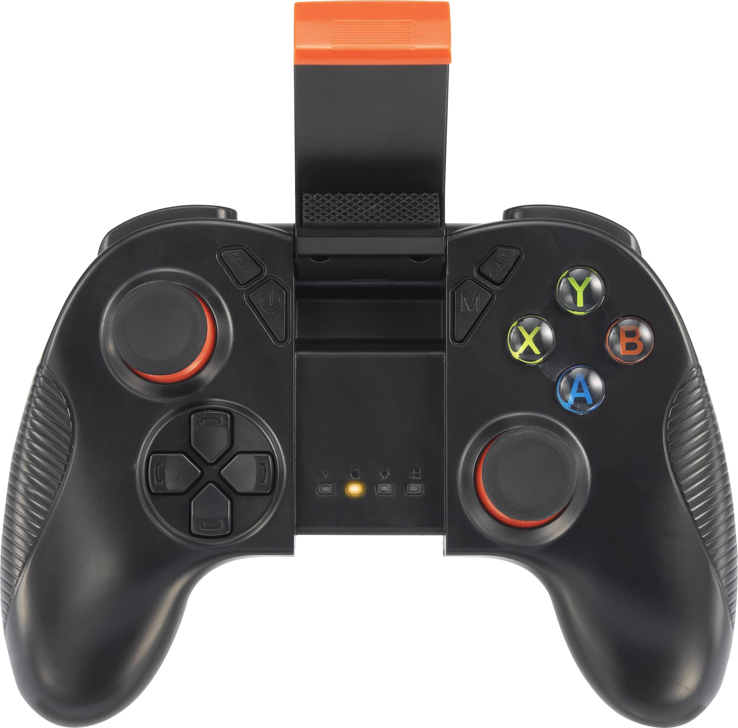 Black game controller with orange accents and mobile phone holder, showing control buttons and analogue sticks for console gaming.