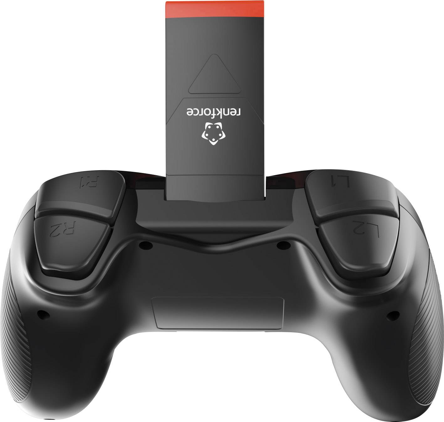 A black gaming controller with a USB dongle attached to the top surface. The dongle features a logo and a red marking.