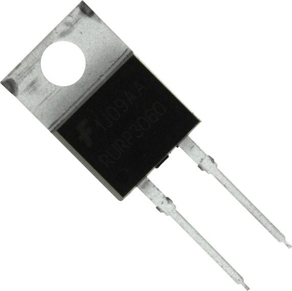 A TO-220 transistor with two lead wires, black casing, and a metal area on top for mounting.